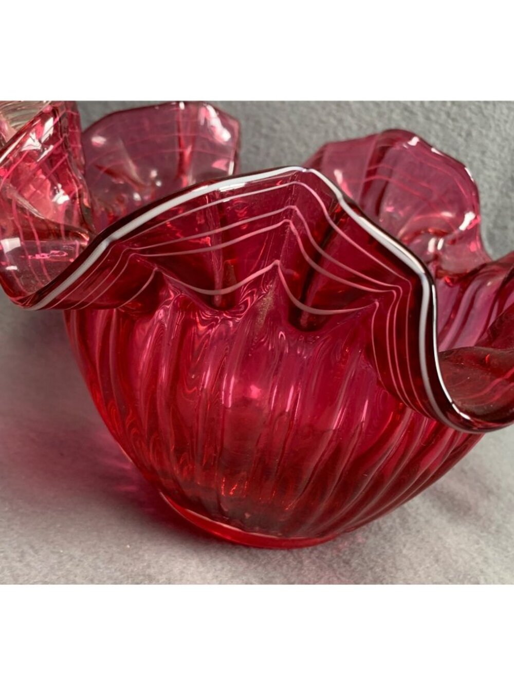 Hand-Blown Cranberry Glass Basket Ruffled Edge & Clear Handle Vintage - Picture 2 of 14
